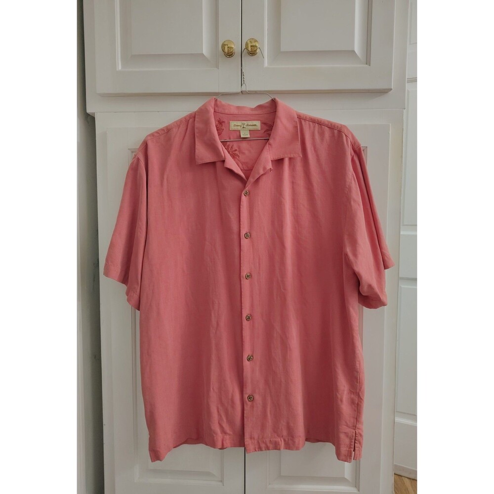 Tommy Bahama Shirt Mens Large Pink Silk Button Up Camp Hawaiian Palm Pineapple L